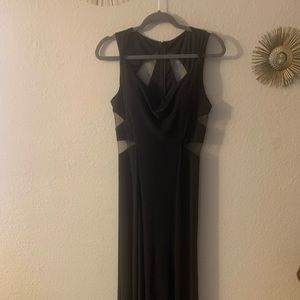 Floor length formal gown with mesh panels